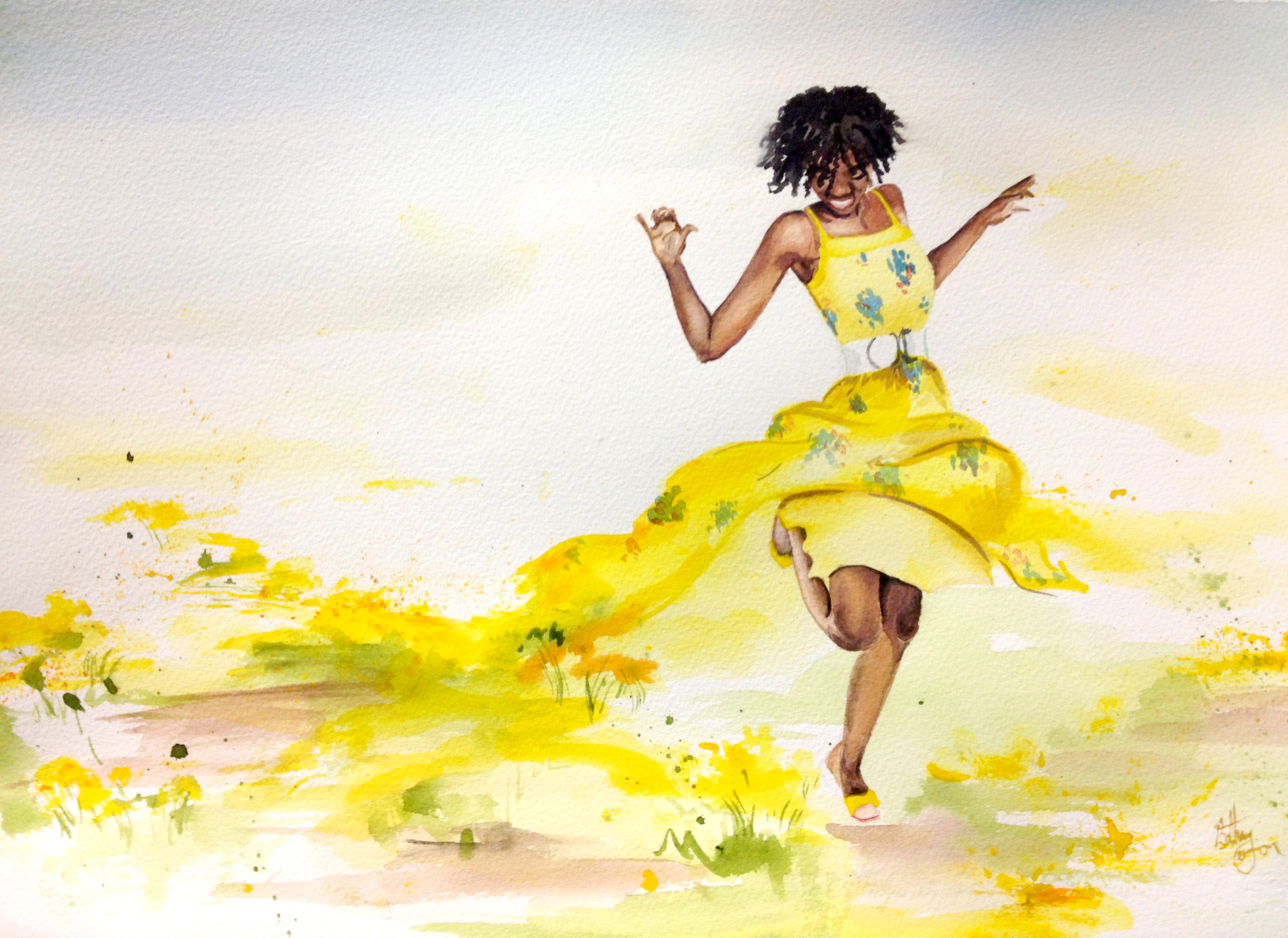 Шагай танцуй. Танцующая девушка. Картины в желтых тонах. Позитивная живопись. Счастливые девушки в желтом.